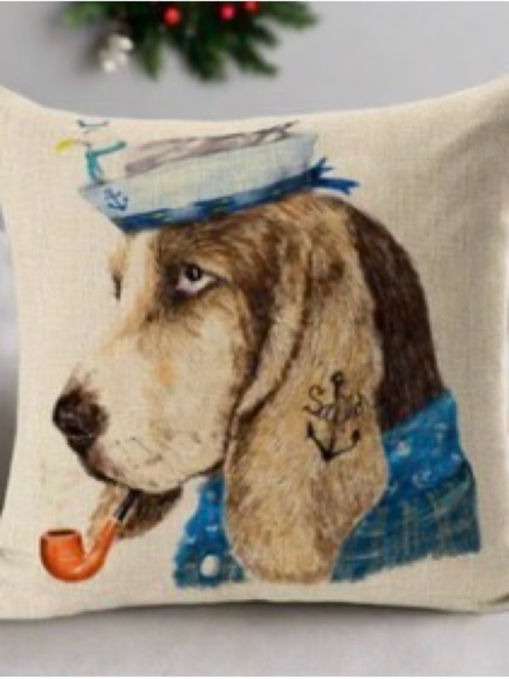 Basset Hound Sailor Dog with Pipe Decorative Pillow Cover Blue Brown 17”x17” - Picture 2 of 2